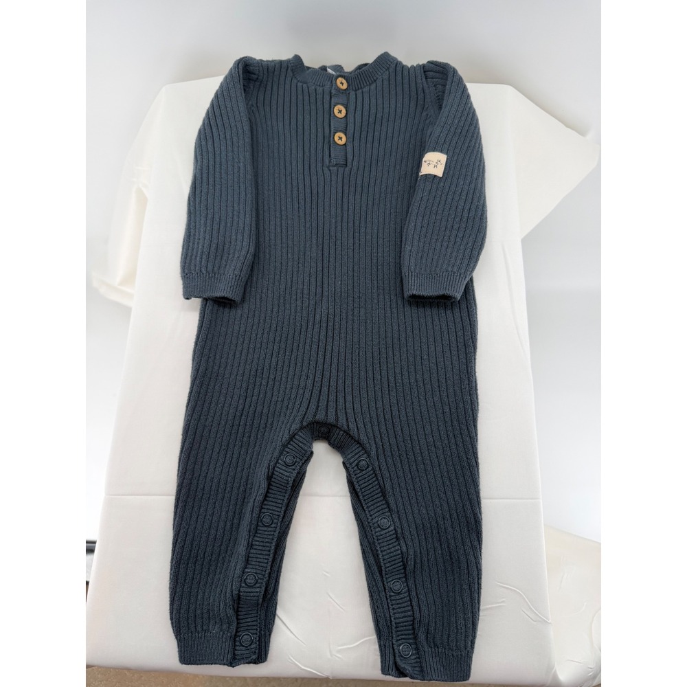 Carter's Jumpsuit Kids 9M Blue Excellent Ribbed Knit Snap Leg Button Neck